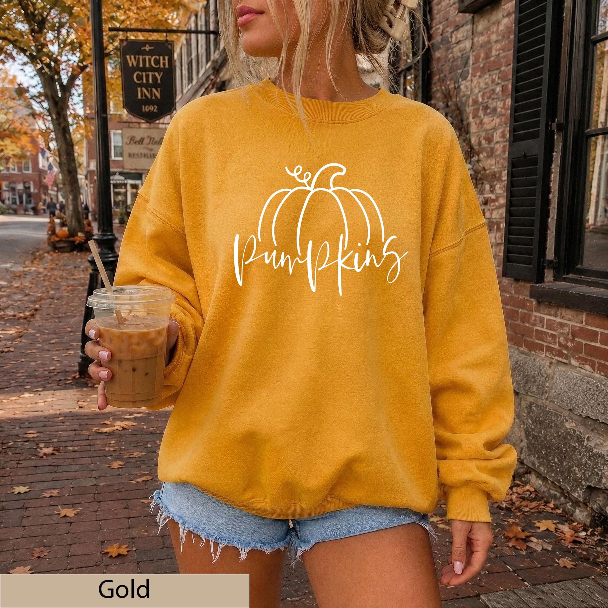 Minimalist White Hand Drawn Pumpkin Sweatshirt, Cozy Autumn Line Art Crewneck Sweater
