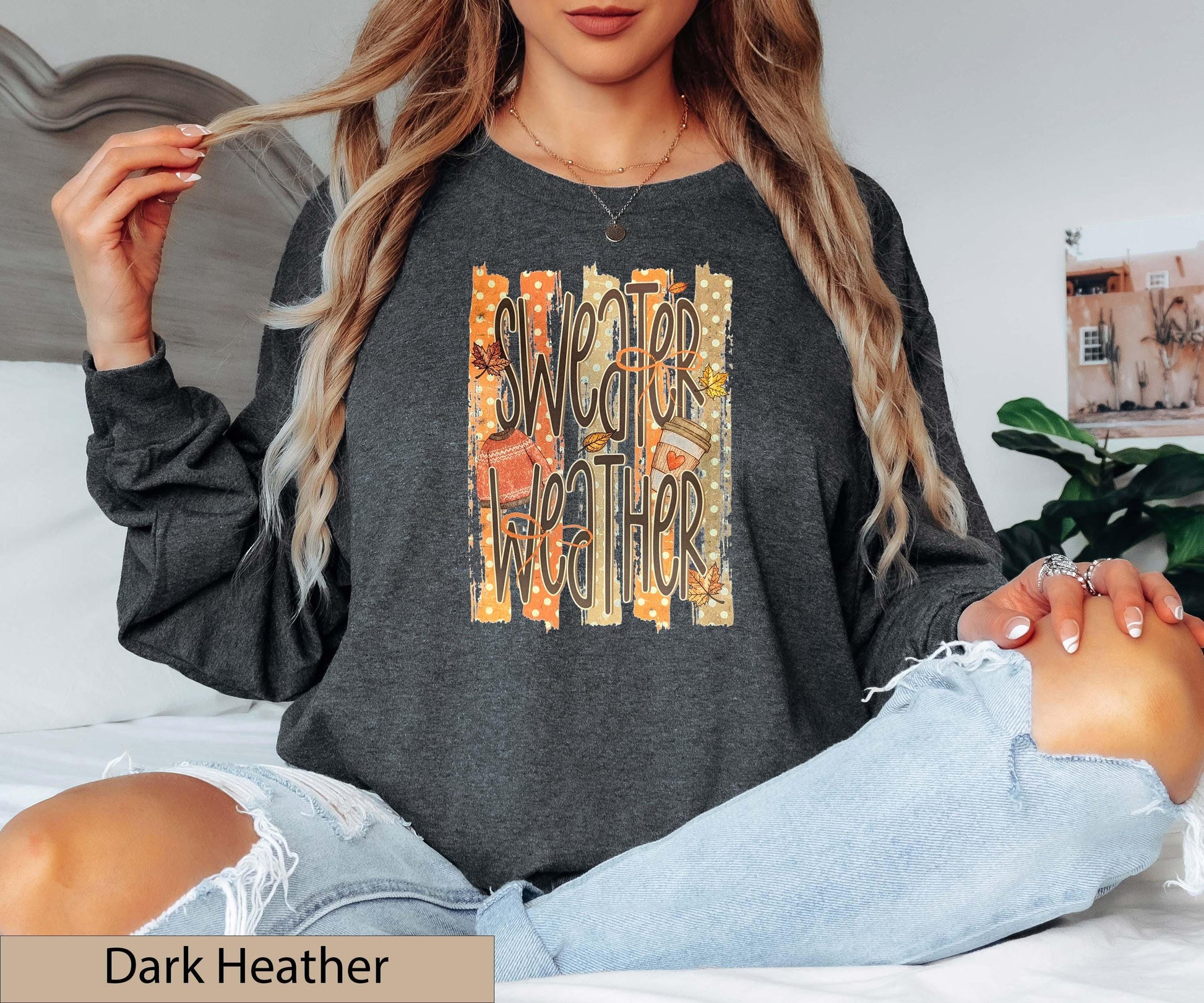 Sweater Weather Retro Fall Long Sleeve Shirt, Distressed Autumn Graphic Top, Coffee Lover Jumper