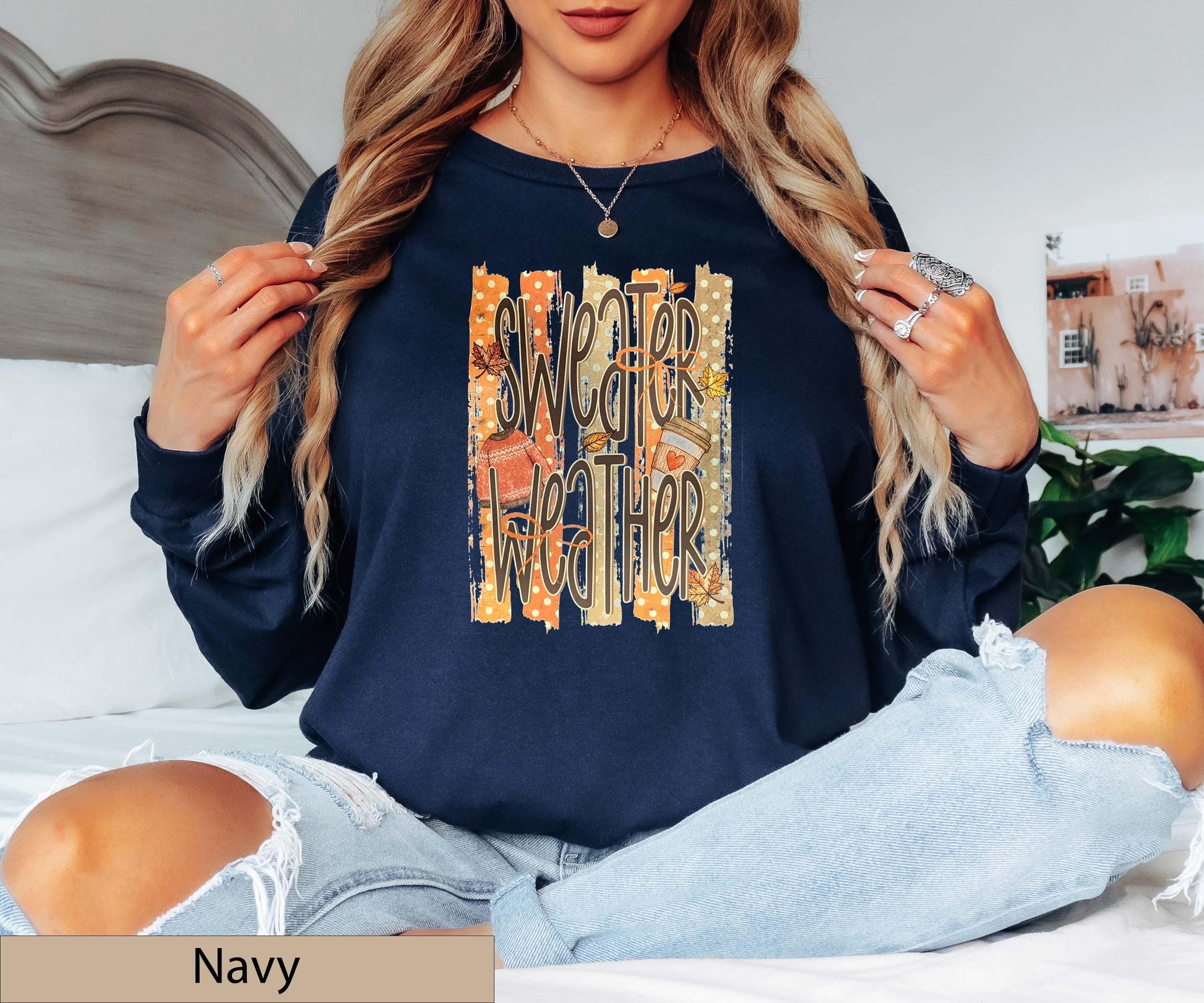 Sweater Weather Retro Fall Long Sleeve Shirt, Distressed Autumn Graphic Top, Coffee Lover Jumper