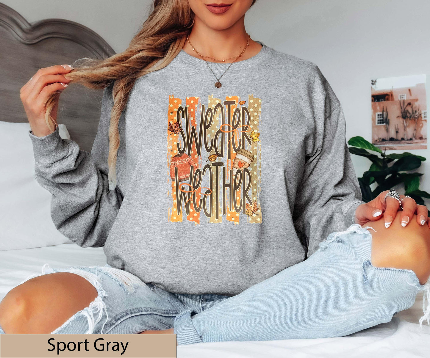 Sweater Weather Retro Fall Long Sleeve Shirt, Distressed Autumn Graphic Top, Coffee Lover Jumper