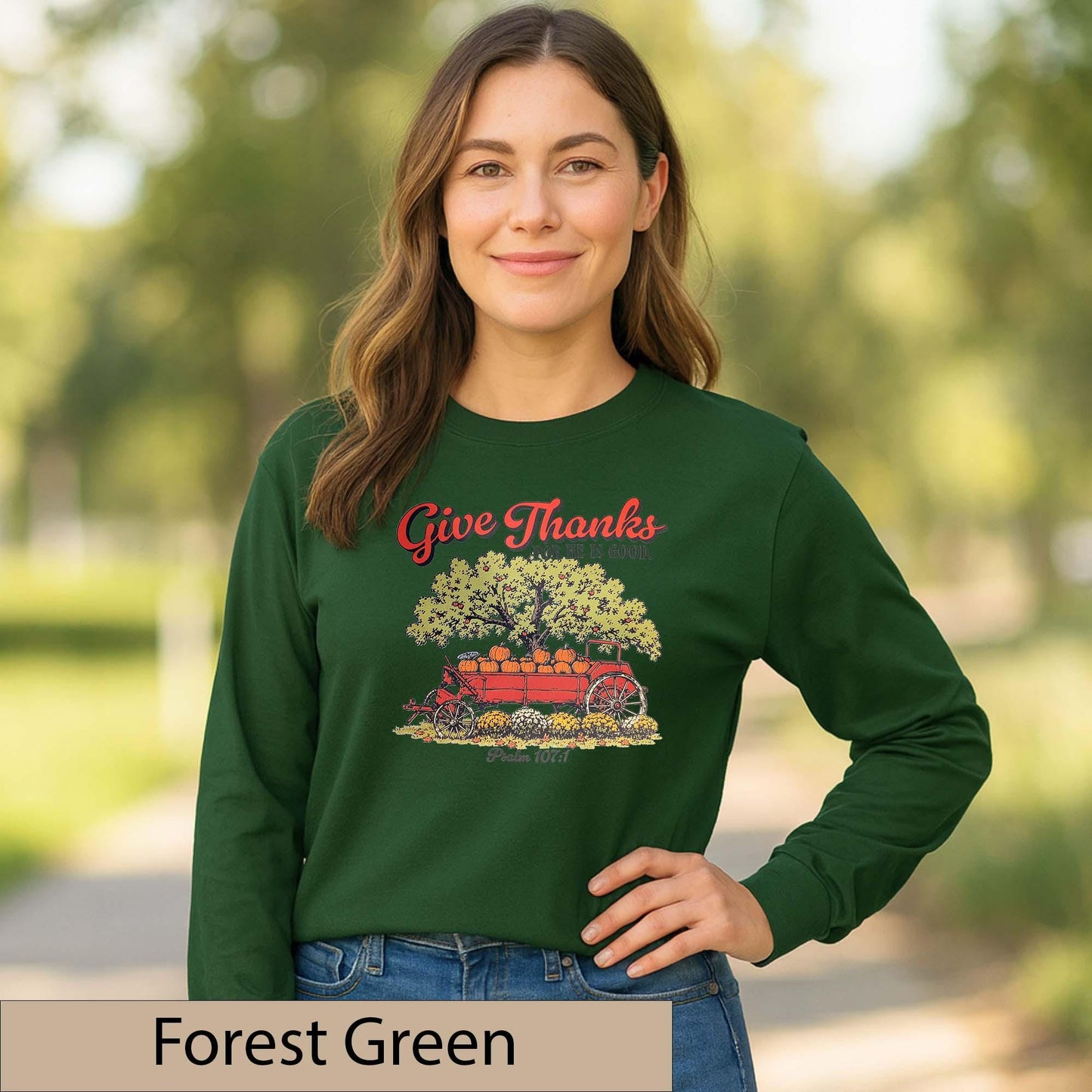 Give Thanks Psalm 107:1 Long Sleeve Shirt, Vintage Pumpkin Wagon Fall Top