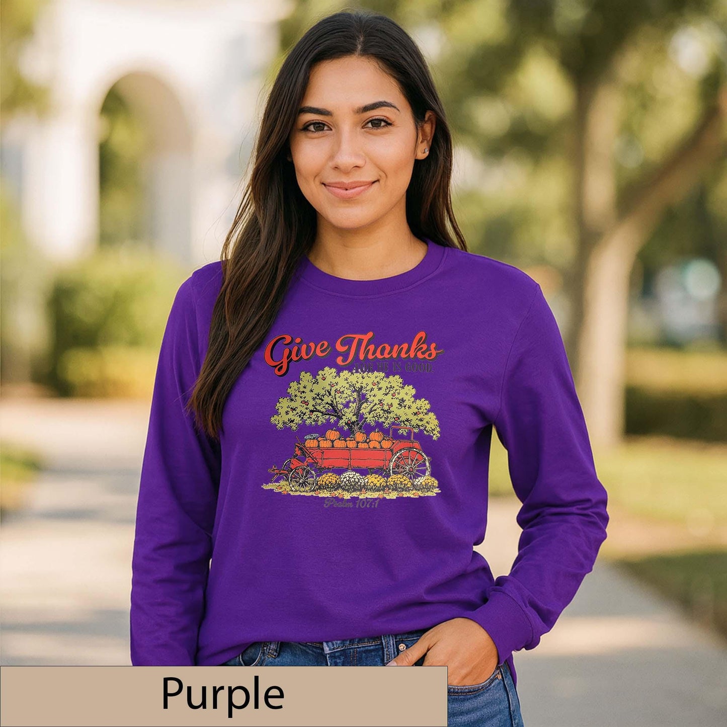 Give Thanks Psalm 107:1 Long Sleeve Shirt, Vintage Pumpkin Wagon Fall Top