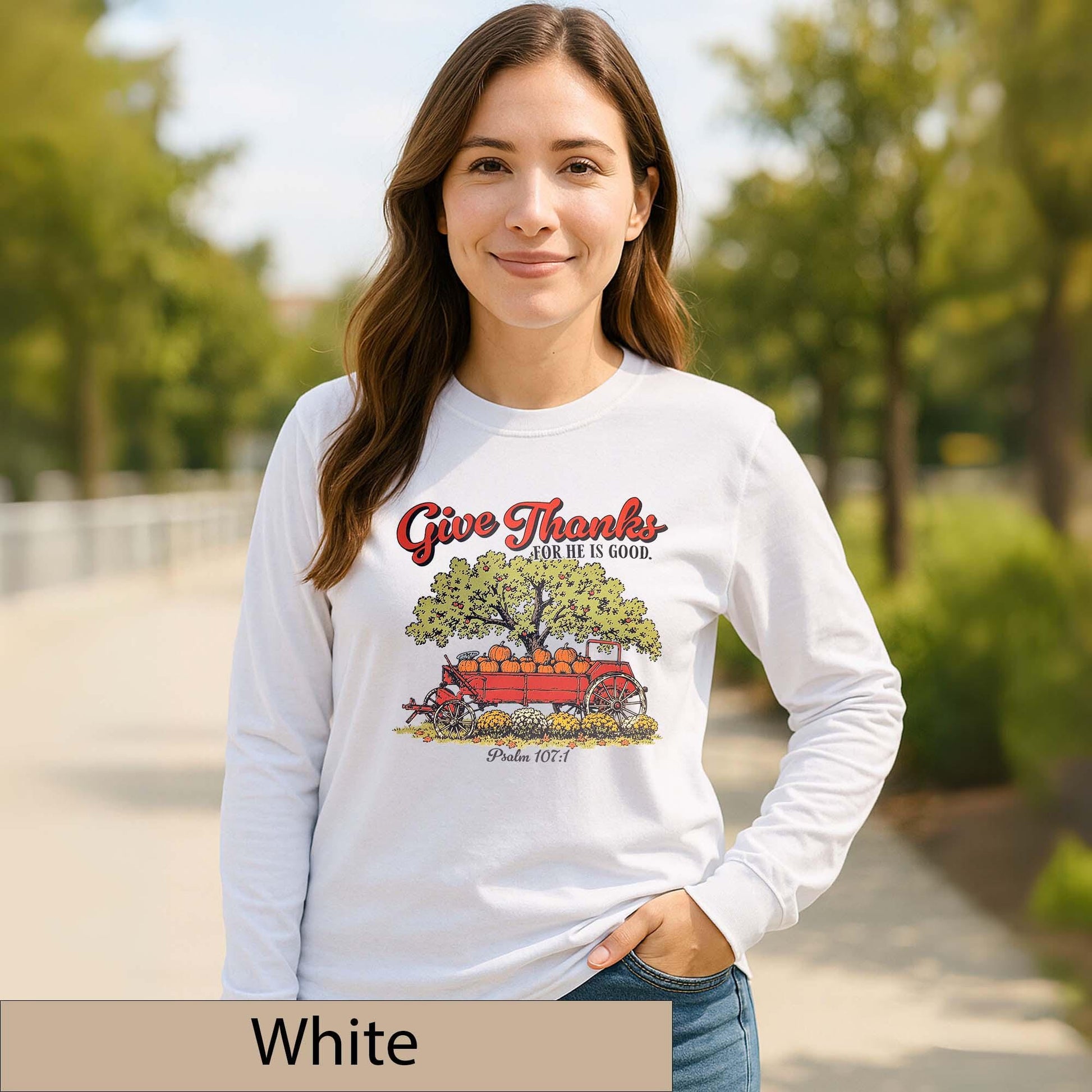 Give Thanks Psalm 107:1 Long Sleeve Shirt, Vintage Pumpkin Wagon Fall Top