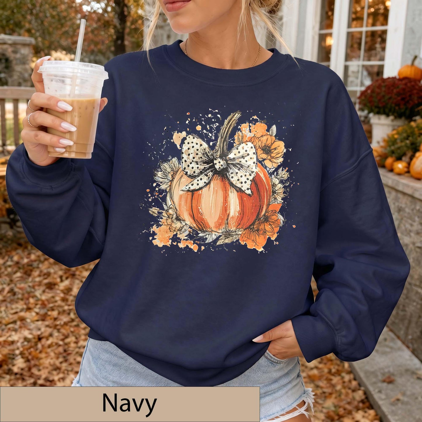 Watercolor Floral Pumpkin Bow Sweatshirt, Polka Dot Fall Crewneck Sweater