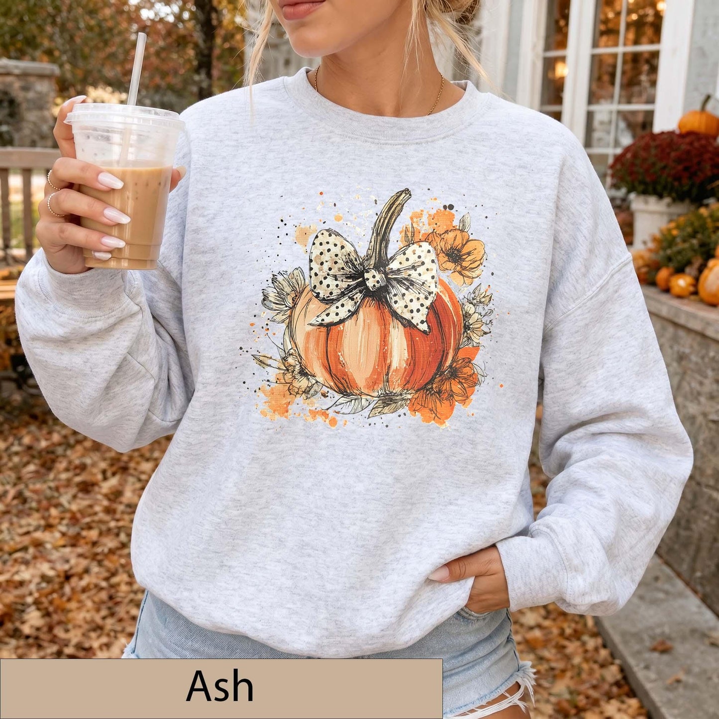 Watercolor Floral Pumpkin Bow Sweatshirt, Polka Dot Fall Crewneck Sweater