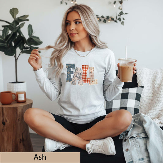 Patchwork FALL Sweatshirt, Vintage Plaid Floral Autumn T-Shirt, Cottagecore Thanksgiving Jumper