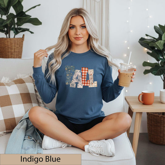 Patchwork FALL Sweatshirt, Vintage Plaid Floral Autumn T-Shirt, Cottagecore Thanksgiving Jumper