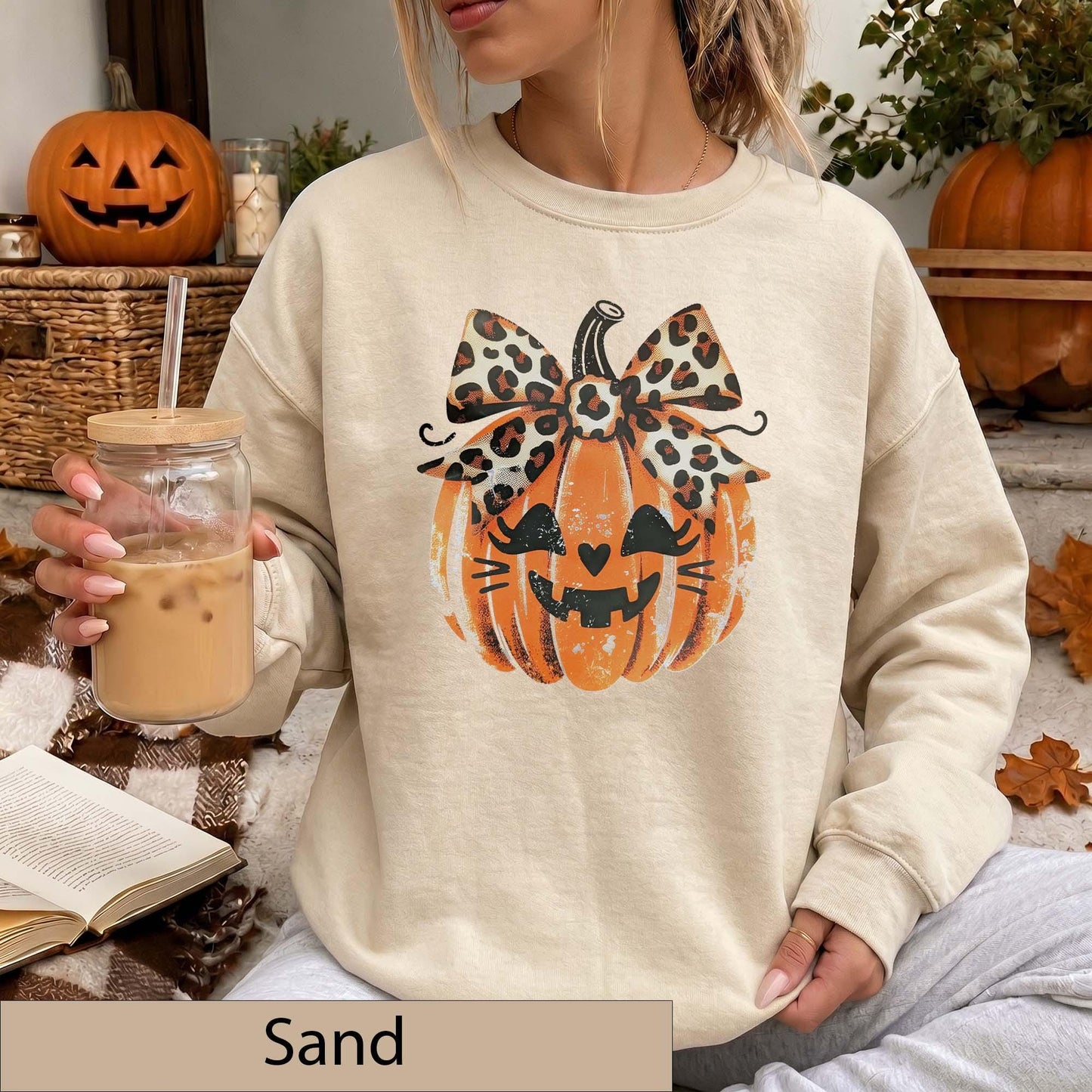 Leopard Bow Jack-O'-Lantern Sweatshirt, Distressed Pumpkin Halloween Sweater, Animal Print Fall Top