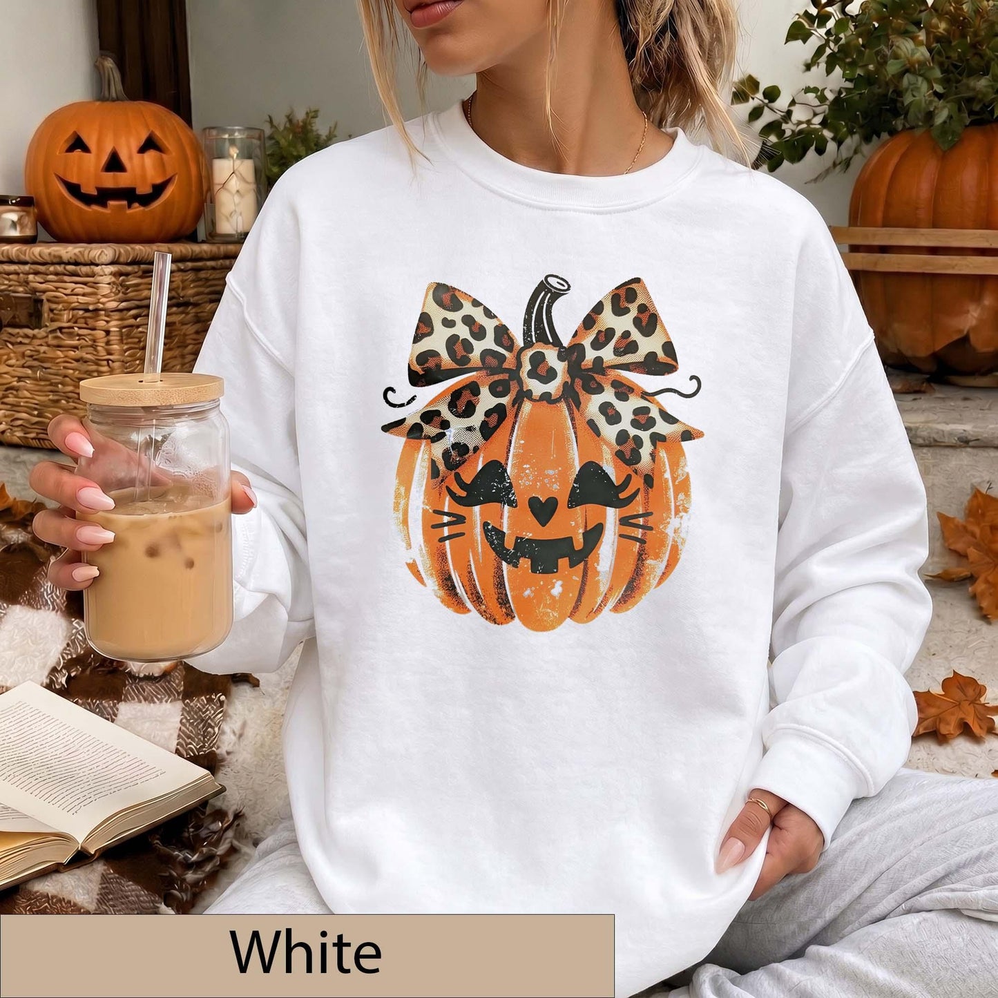 Leopard Bow Jack-O'-Lantern Sweatshirt, Distressed Pumpkin Halloween Sweater, Animal Print Fall Top
