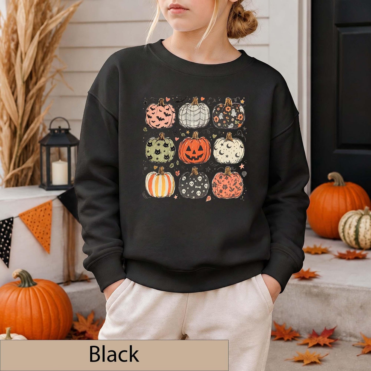 Youth Halloween Pumpkin Grid Sweatshirt, Spooky Season Crewneck, Ghosts Bats Skulls Sweater