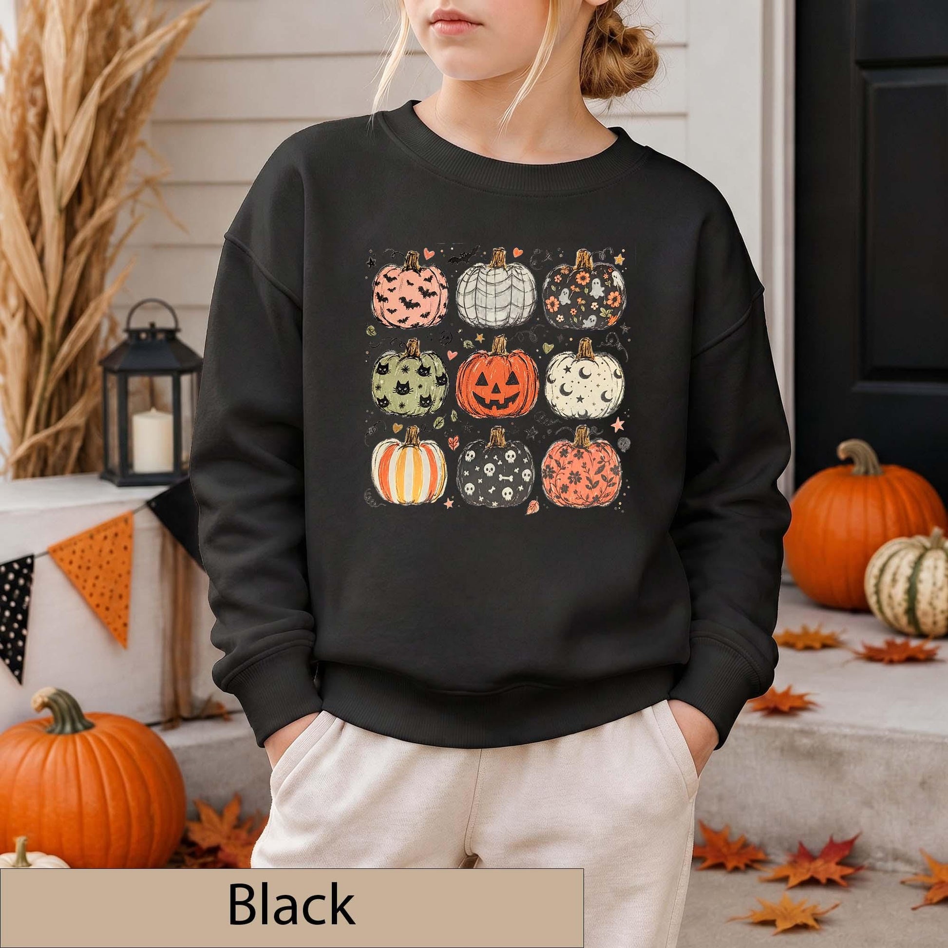 Youth Halloween Pumpkin Grid Sweatshirt, Spooky Season Crewneck, Ghosts Bats Skulls Sweater