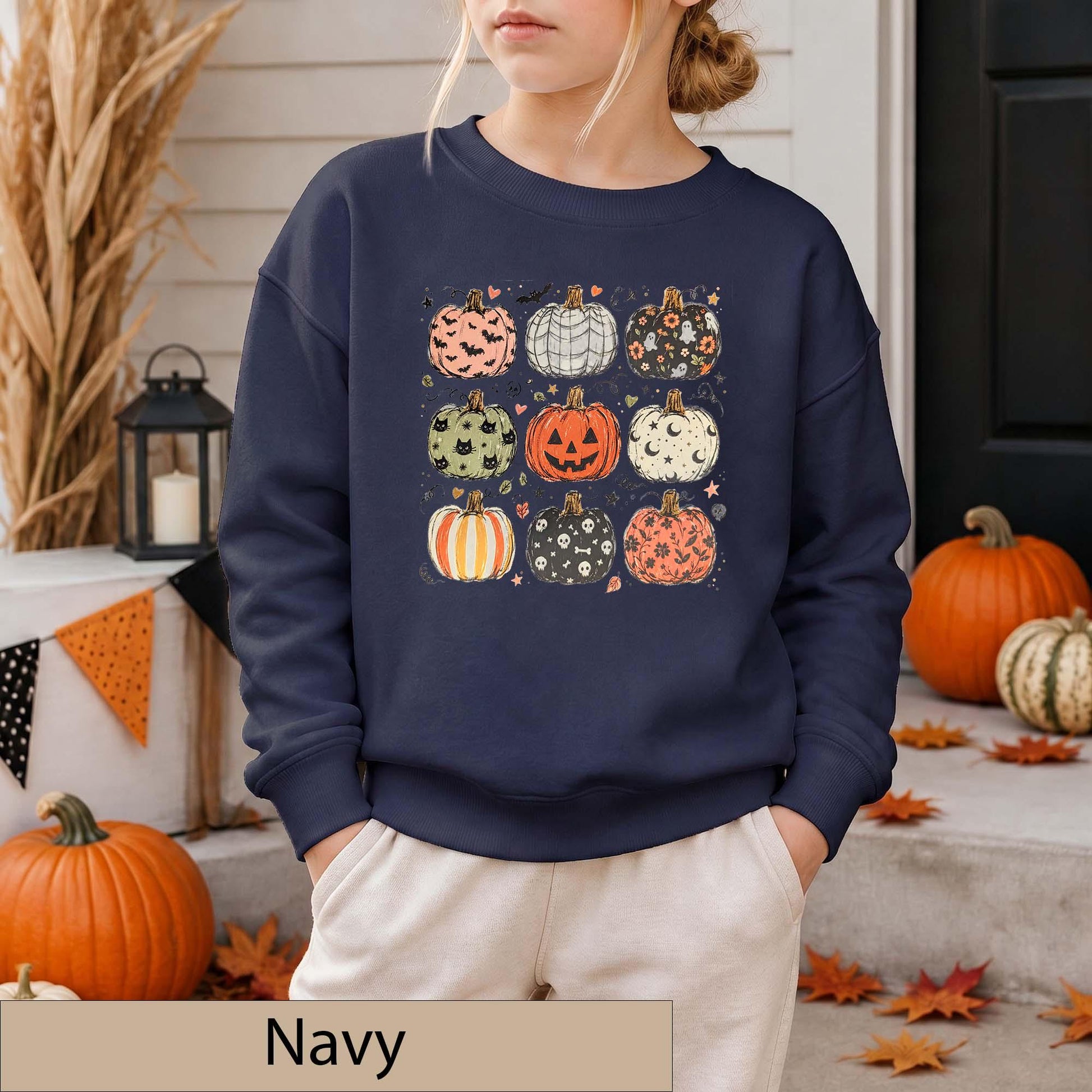 Youth Halloween Pumpkin Grid Sweatshirt, Spooky Season Crewneck, Ghosts Bats Skulls Sweater