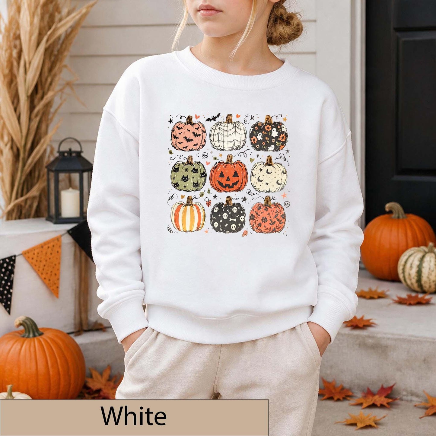 Youth Halloween Pumpkin Grid Sweatshirt, Spooky Season Crewneck, Ghosts Bats Skulls Sweater