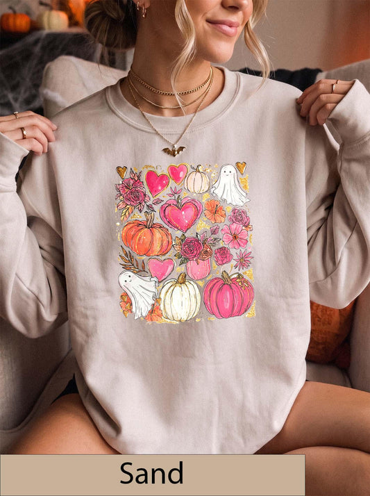 Pink Pumpkin Ghost Sweatshirt, Floral Halloween Crewneck, Fall Sweater