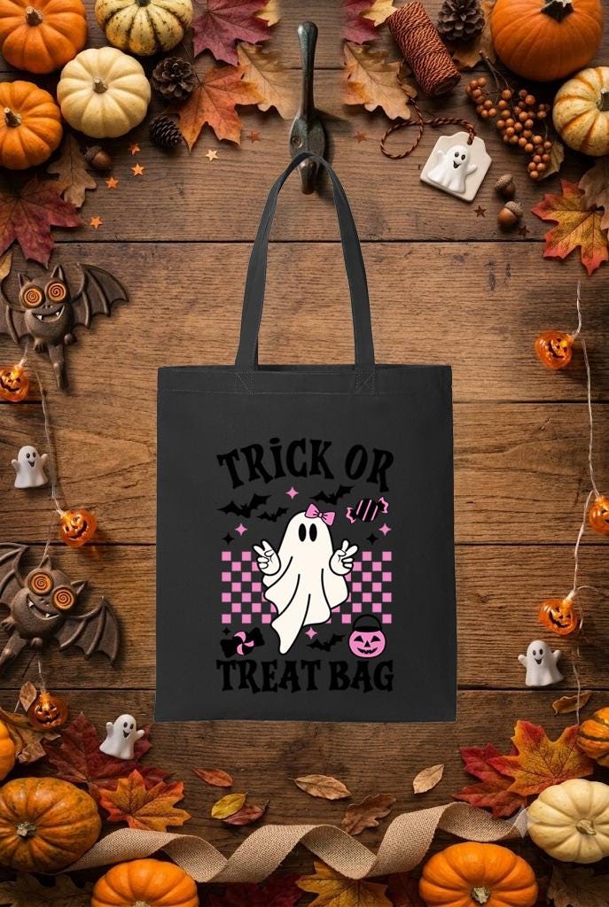 Ghost Halloween Trick or Treat Bag, Girls Spooky Season Candy Tote (Black Letters)