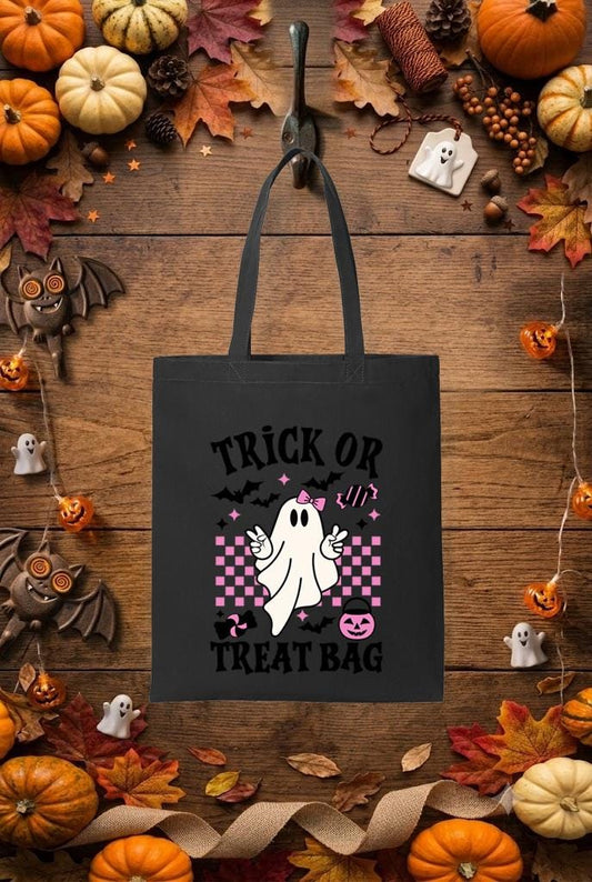 Ghost Halloween Trick or Treat Bag, Girls Spooky Season Candy Tote (Black Letters)