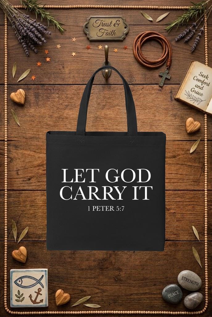 Christian Tote Bag | 1 Peter 5:7 Faith Verse Gift for Women