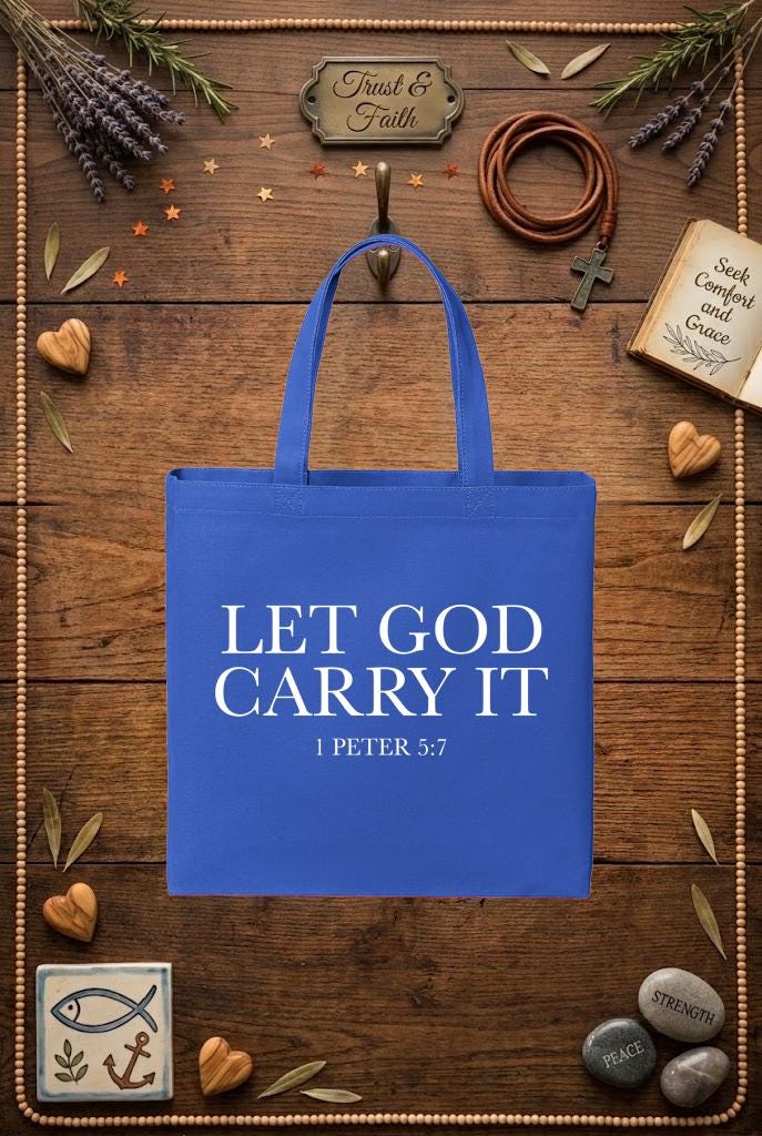 Christian Tote Bag | 1 Peter 5:7 Faith Verse Gift for Women