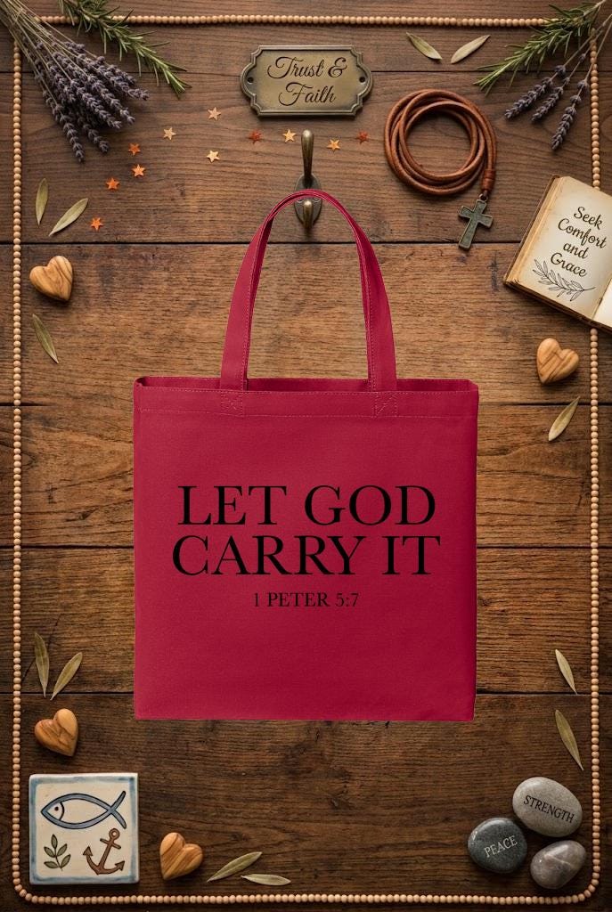 Christian Tote Bag | 1 Peter 5:7 Faith Verse Gift for Women