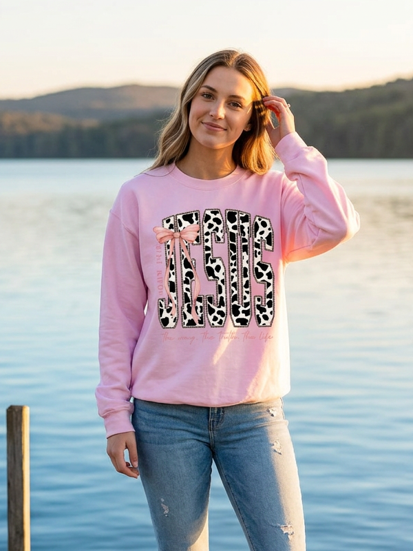 Jesus Cow Print - Crew Neck in Light Pink