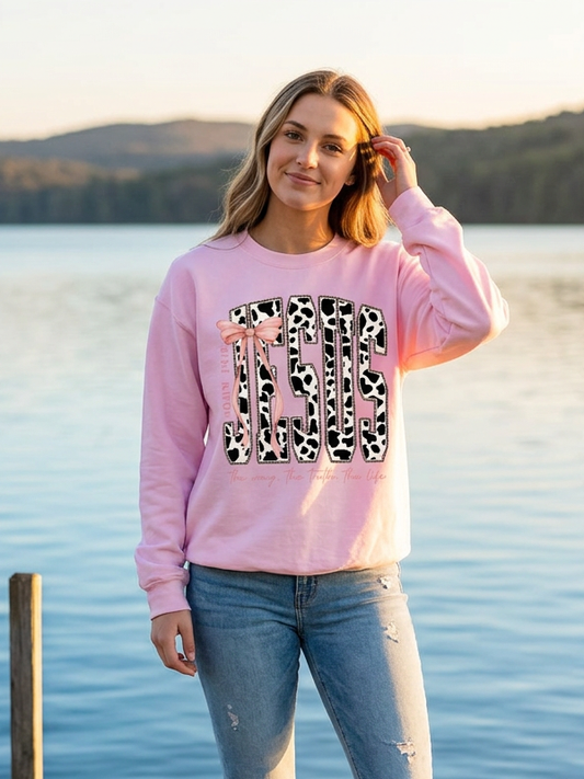 Jesus Cow Print - Crew Neck in Light Pink