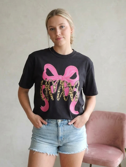 Leopard Amen Pink Bow - Short Sleeve Tee in Black