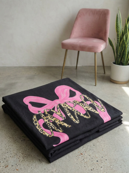 Leopard Amen Pink Bow - Short Sleeve Tee in Black