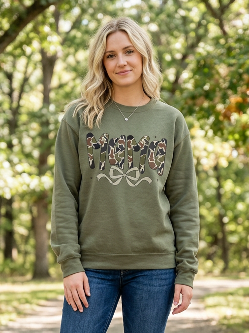 Mama Camo Bow - Crew Neck in Military Green