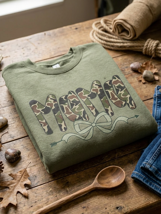 Mama Camo Bow - Crew Neck in Military Green