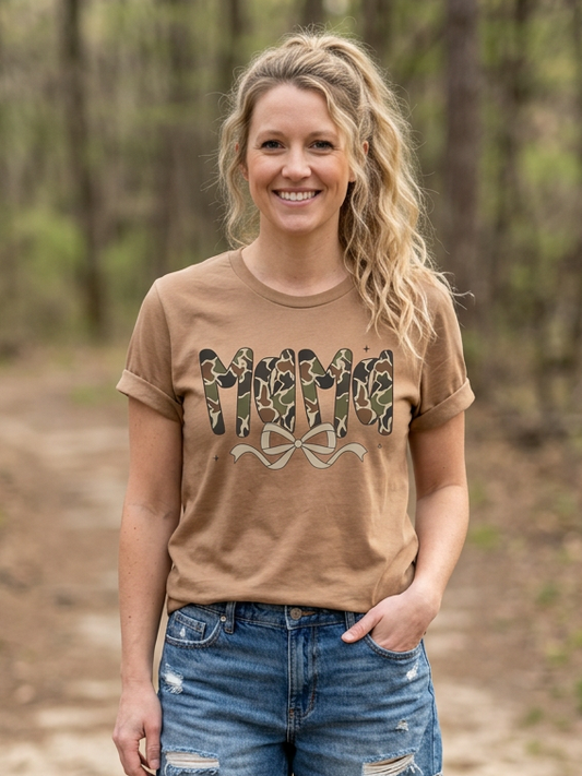 Mama Camo Bow - Short Sleeve Tee in Vintage Brown