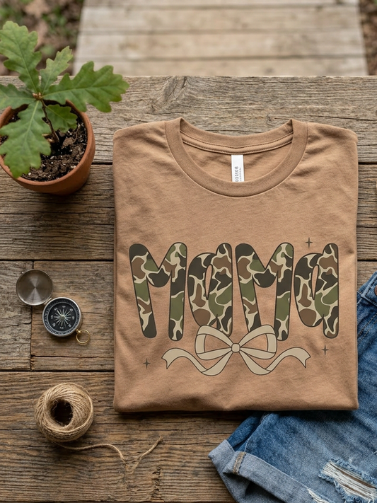 Mama Camo Bow - Short Sleeve Tee in Vintage Brown