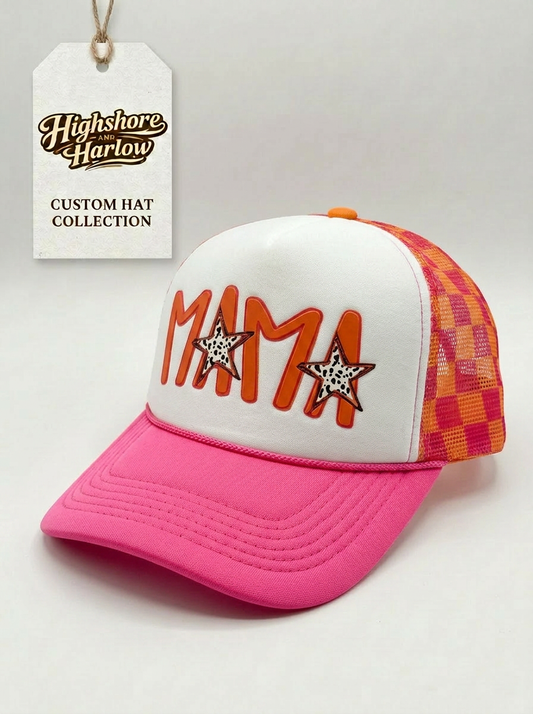 Mama Spotted Stars - Women's Hat in White, Neon Pink and Orange