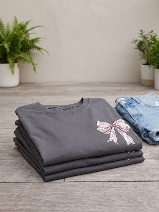 Pink Coquette Bow (Pocket) - Short Sleeve Tee in Graphite