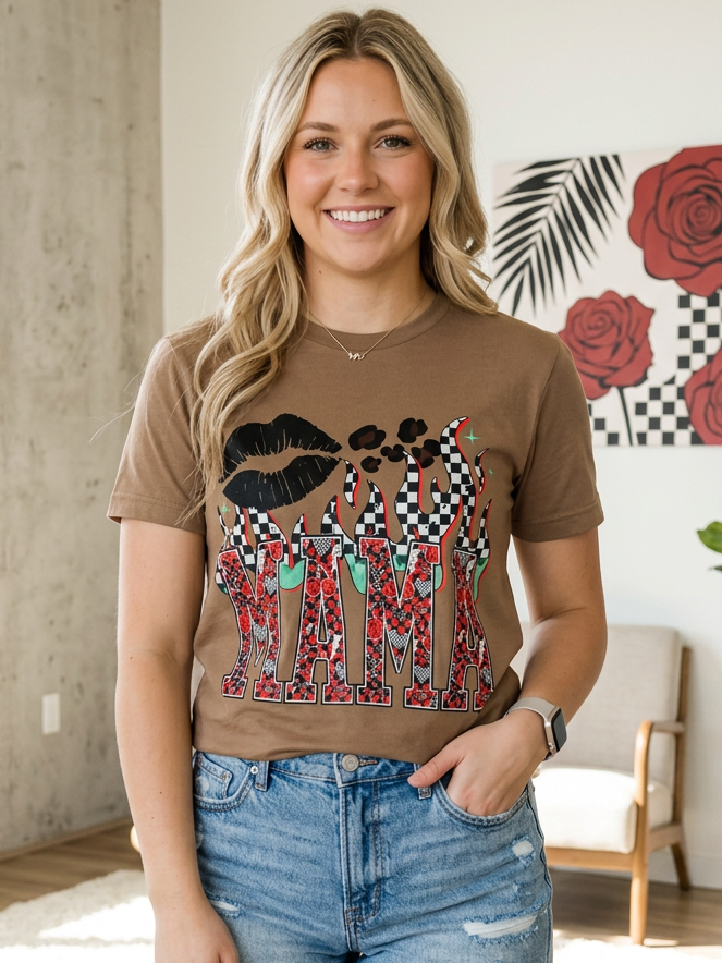 Retro Mama Flames - Short Sleeve Tee in Vintage Brown