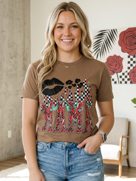 Retro Mama Flames - Short Sleeve Tee in Vintage Brown