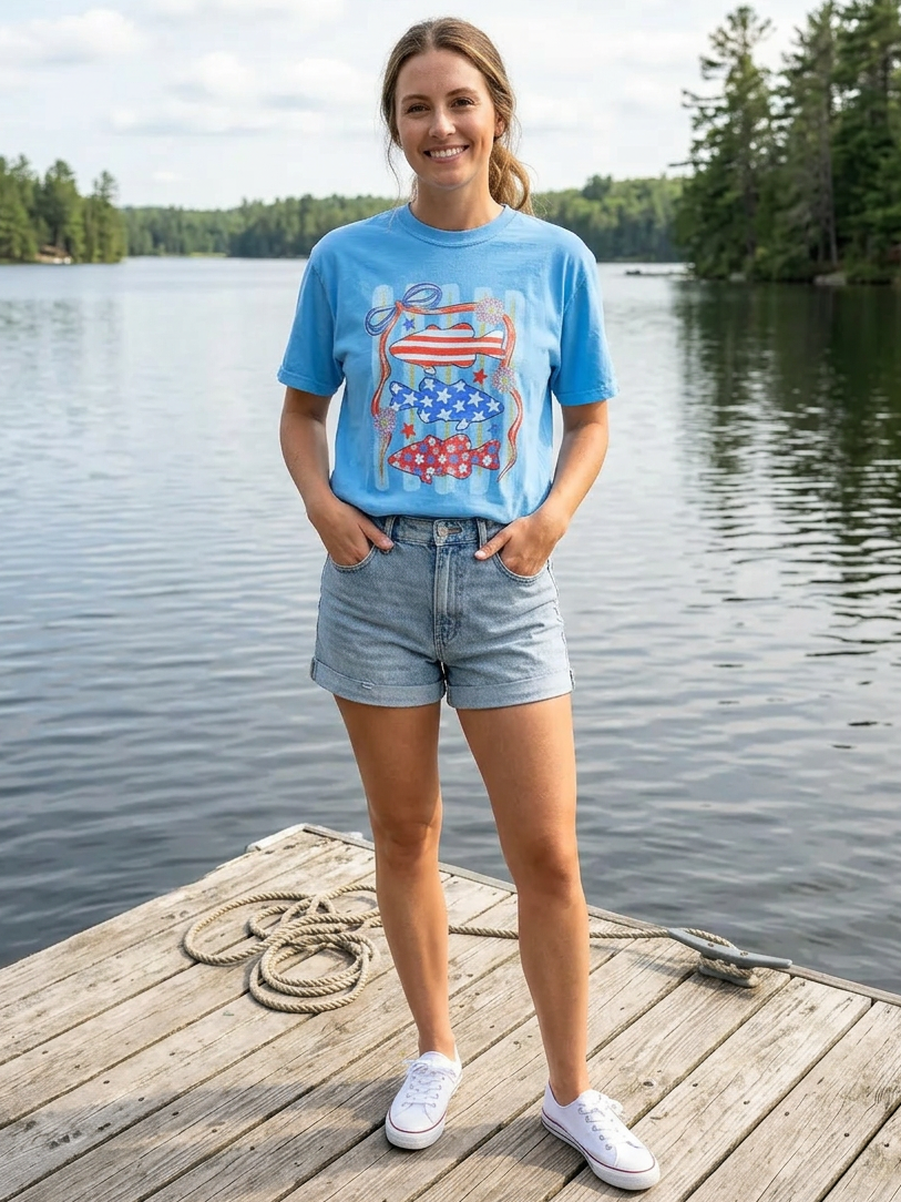Stars and Strips Fish - Short Sleeve Tee in Royal Caribe