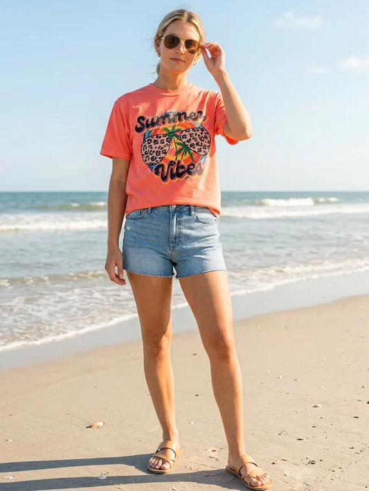 Summer Vibes Leopard - Short Sleeve Tee in Bright Salmon