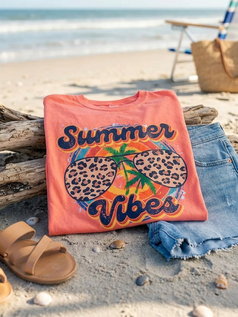 Summer Vibes Leopard - Short Sleeve Tee in Bright Salmon