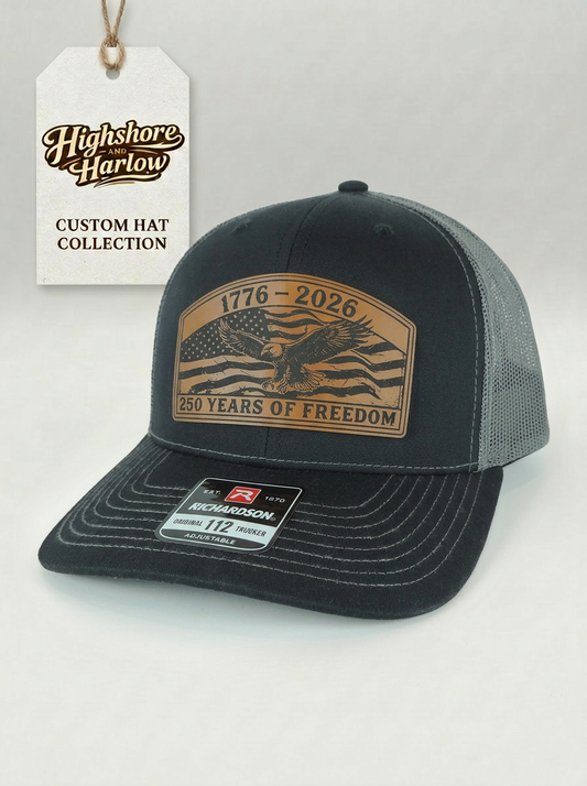 The "250 Years of Freedom" - Premium Faux Leather Patch Hat - Richardson 112 in Black/Charcoal