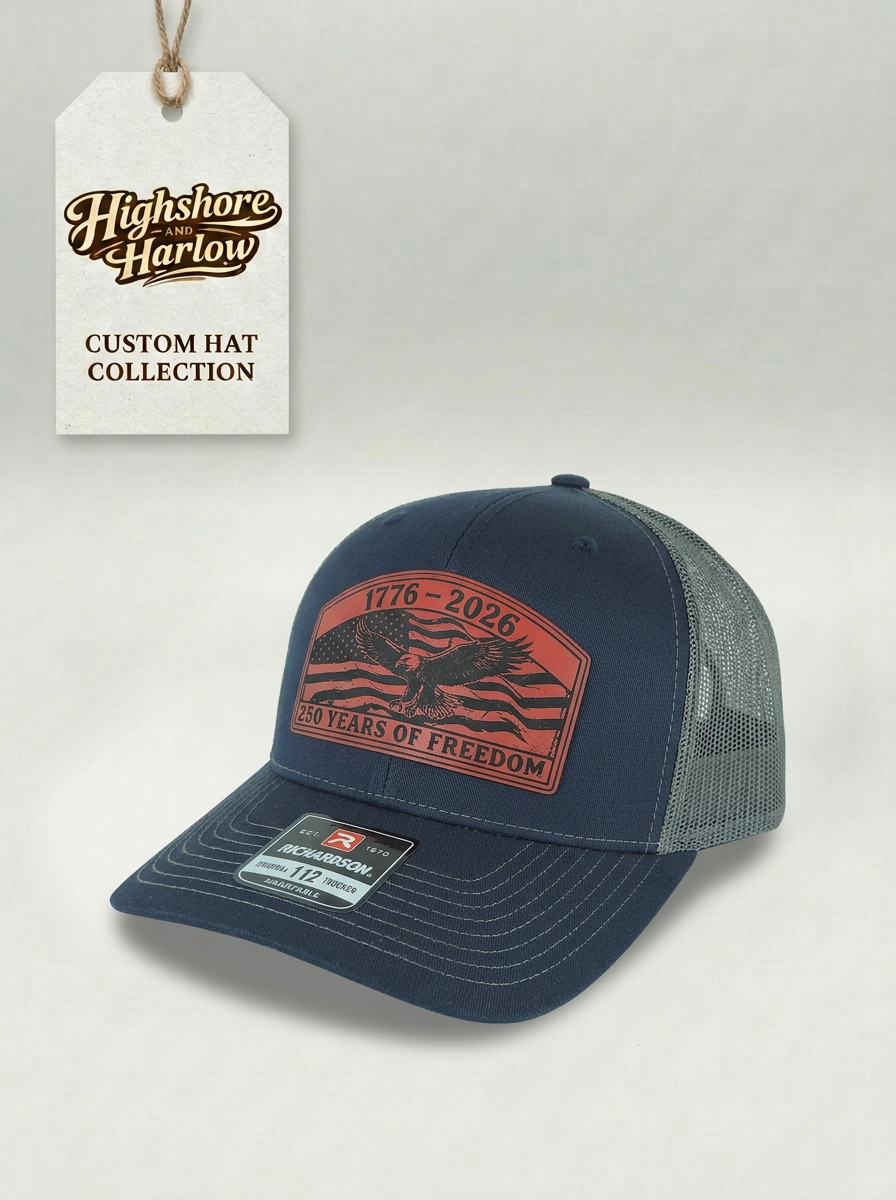The "250 Years of Freedom" - Premium Faux Leather Patch Hat - Richardson 112 in Navy/Charcoal
