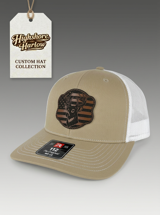 The "American Flag Whitetail" Faux Leather Patch Hat - Richardson 112