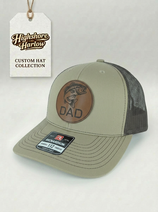 The "Dad" Bass Fishing Faux Leather Patch Hat - Richardson 112 in Khaki/Coffee