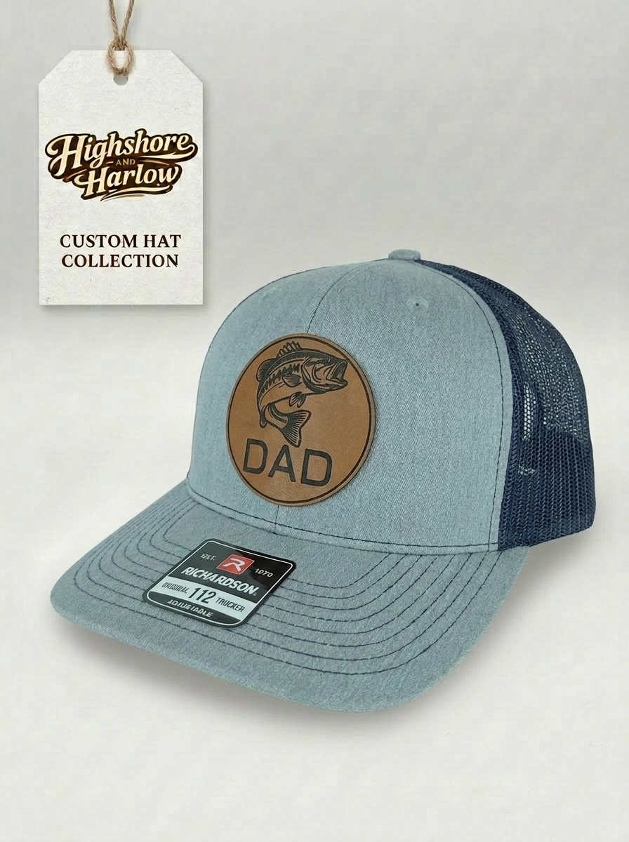 The "Dad" Bass Fishing Faux Leather Patch Hat - Richardson 112 in Heather Gray/Navy