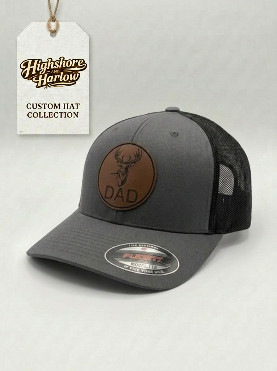 The "Deer Head DAD" Premium Faux Leather Patch Hat - Flexfit Charcoal/Black