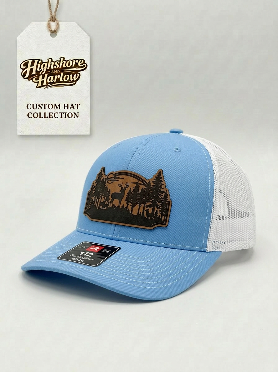 The "Great Outdoors" Deer Scene Faux Leather Patch Hat - Richardson 112 in Columbia Blue/White