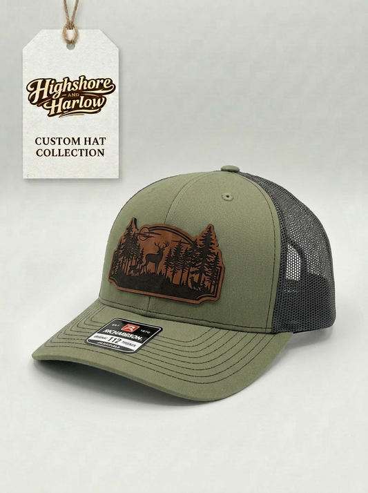 The "Great Outdoors" Deer Scene Faux Leather Patch Hat - Richardson 112 in Loden/Black