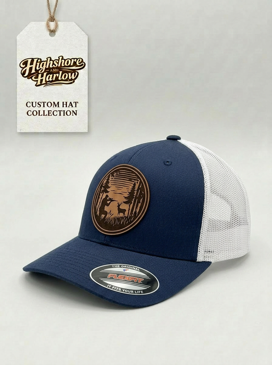 The "Hunter's Sunset" Premium Faux Leather Patch Hat - Flexfit Navy/White
