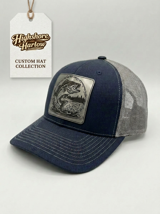 The "Jumping Bass" Premium Faux Leather Patch Hat - Richardson 112 Navy/Charcoal