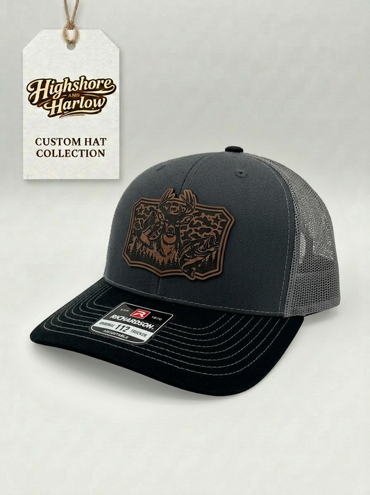 The "Local Catch" Premium Faux Leather Patch Hat - Richardson 112 in Black/Charcoal