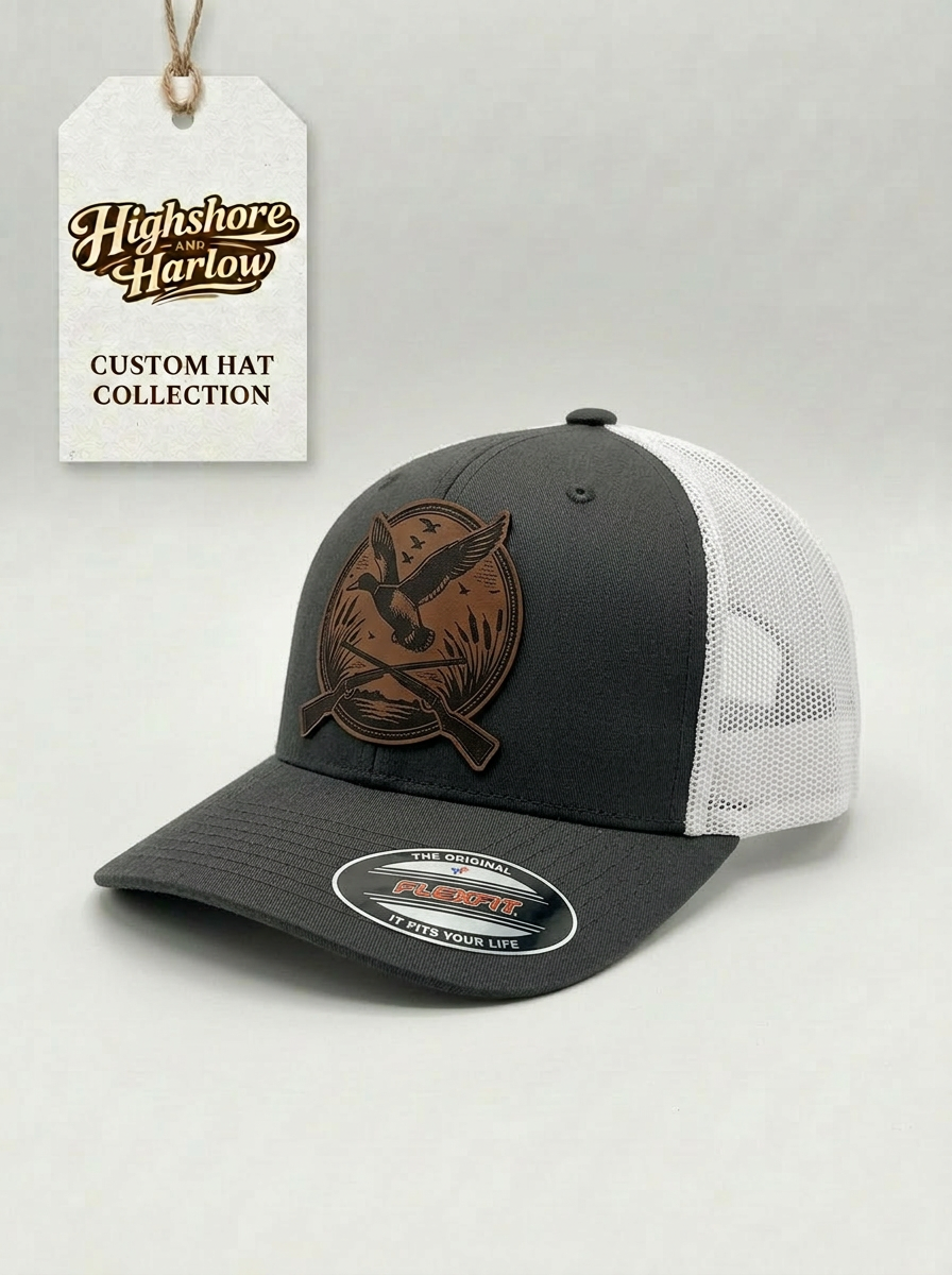 The "Waterfowl Flyway" Premium Faux Leather Patch Hat - Flexfit in Charcoal/White